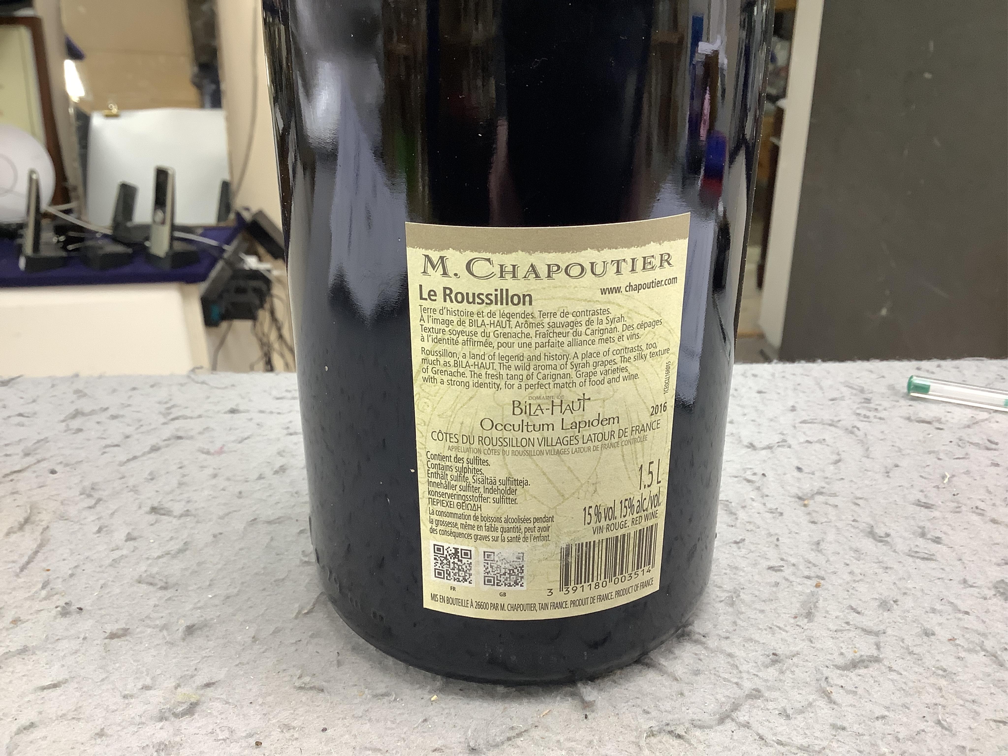 Five magnum bottles of Domaine de Bila-Haut Occultum Lapidem, 2016.